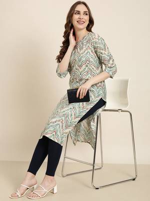 women's calf length round neck beige striped straight kurta 1