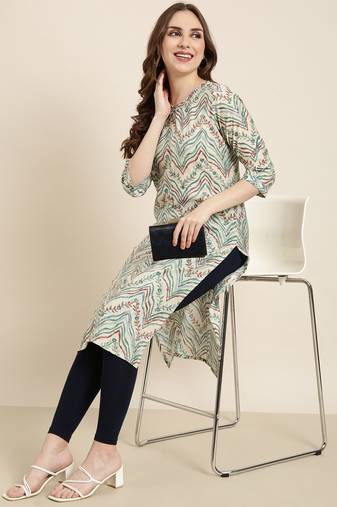 women's calf length round neck beige striped straight kurta
