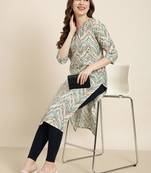 women's calf length round neck beige striped straight kurta