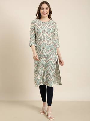 women's calf length round neck beige striped straight kurta 2