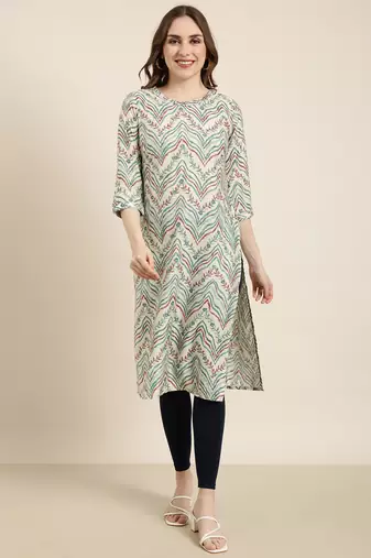 women's calf length round neck beige striped straight kurta