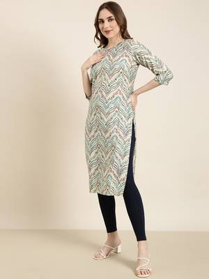 women's calf length round neck beige striped straight kurta 3