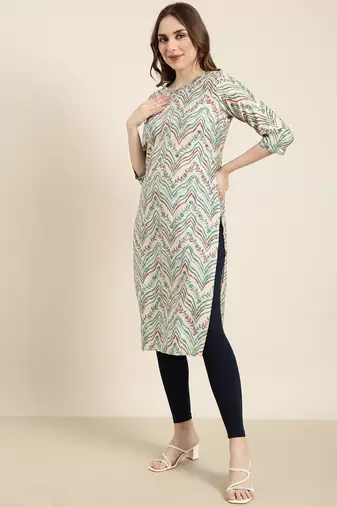 women's calf length round neck beige striped straight kurta