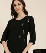 women's knee length round neck black solid straight kurta