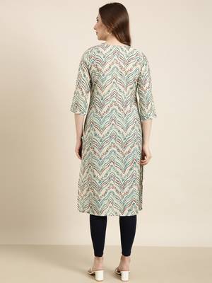 women's calf length round neck beige striped straight kurta 4