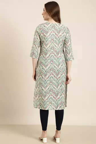 women's calf length round neck beige striped straight kurta