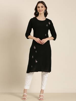 women's knee length round neck black solid straight kurta 2