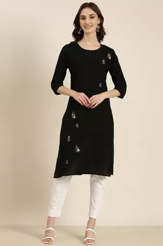 women's knee length round neck black solid straight kurta