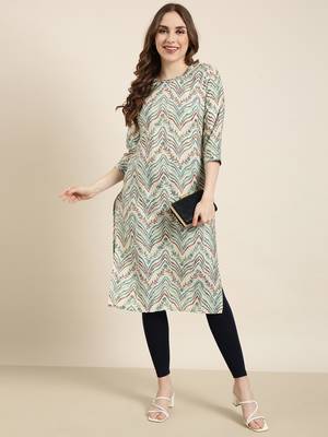 women's calf length round neck beige striped straight kurta 5