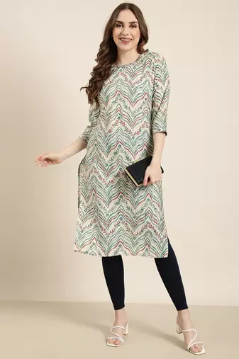 women's calf length round neck beige striped straight kurta