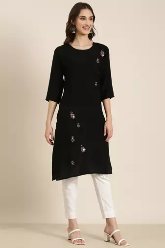 women's knee length round neck black solid straight kurta