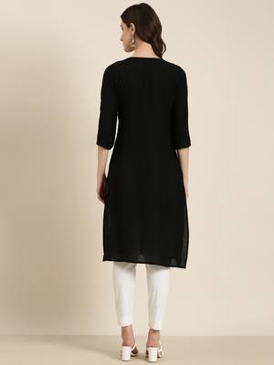 women's knee length round neck black solid straight kurta 5