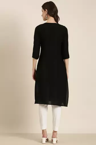 women's knee length round neck black solid straight kurta