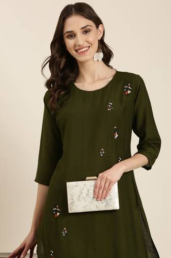 women's knee length round neck olive solid straight kurta