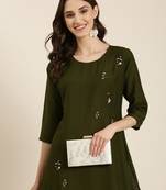 women's knee length round neck olive solid straight kurta