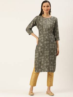 women's calf length round neck grey floral straight kurta 2