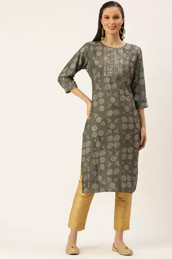 women's calf length round neck grey floral straight kurta