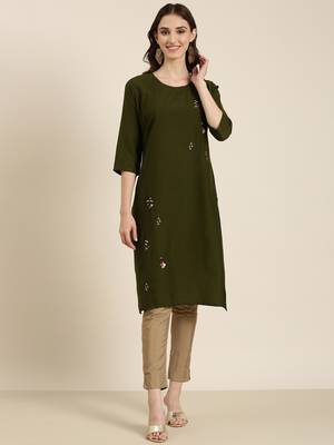 women's knee length round neck olive solid straight kurta 2
