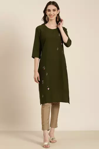 women's knee length round neck olive solid straight kurta
