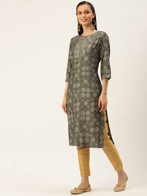 women's calf length round neck grey floral straight kurta 3