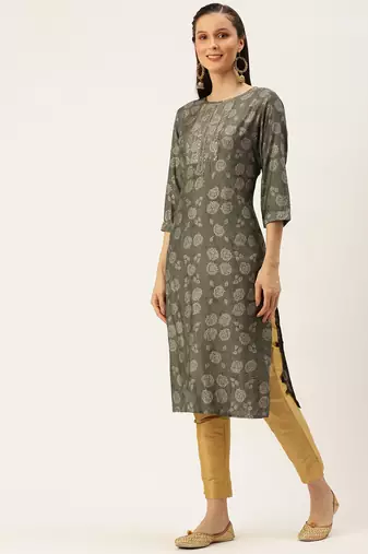 women's calf length round neck grey floral straight kurta