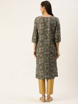 women's calf length round neck grey floral straight kurta 4