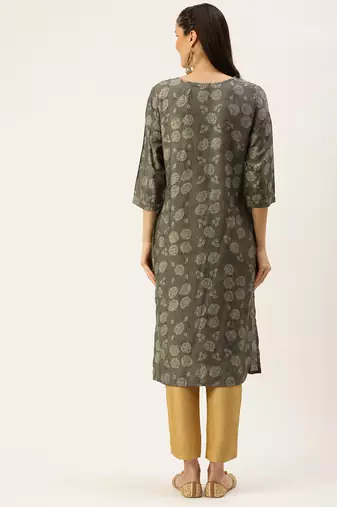 women's calf length round neck grey floral straight kurta