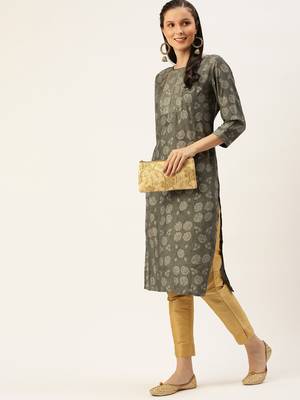 women's calf length round neck grey floral straight kurta 5