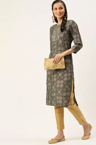 women's calf length round neck grey floral straight kurta