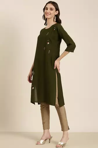 women's knee length round neck olive solid straight kurta