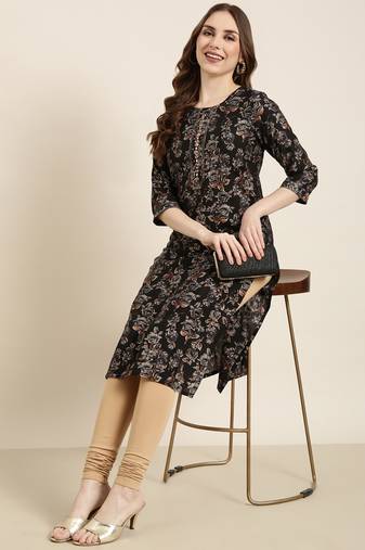 women's calf length round neck black floral straight kurta
