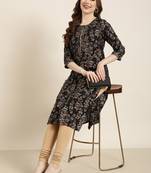 women's calf length round neck black floral straight kurta
