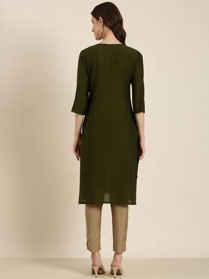 women's knee length round neck olive solid straight kurta 5