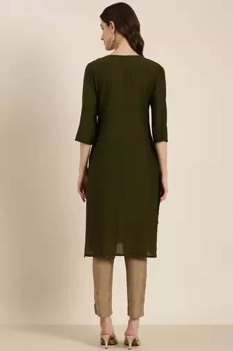 women's knee length round neck olive solid straight kurta