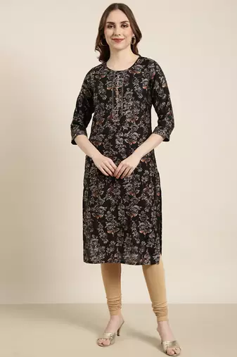 women's calf length round neck black floral straight kurta