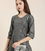 women's knee length round neck grey solid straight kurta