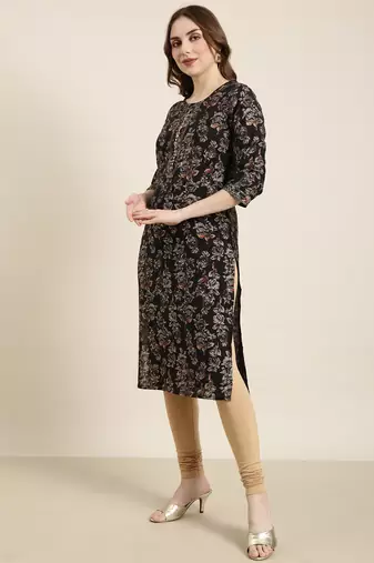 women's calf length round neck black floral straight kurta
