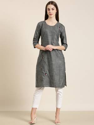 women's knee length round neck grey solid straight kurta 2