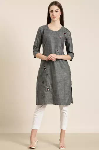 women's knee length round neck grey solid straight kurta