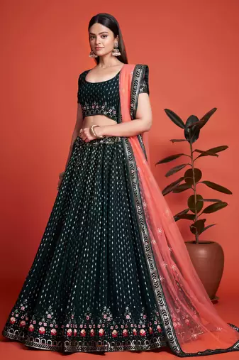 fascinating green embroidery georgette lehenga set choli with dupatta
