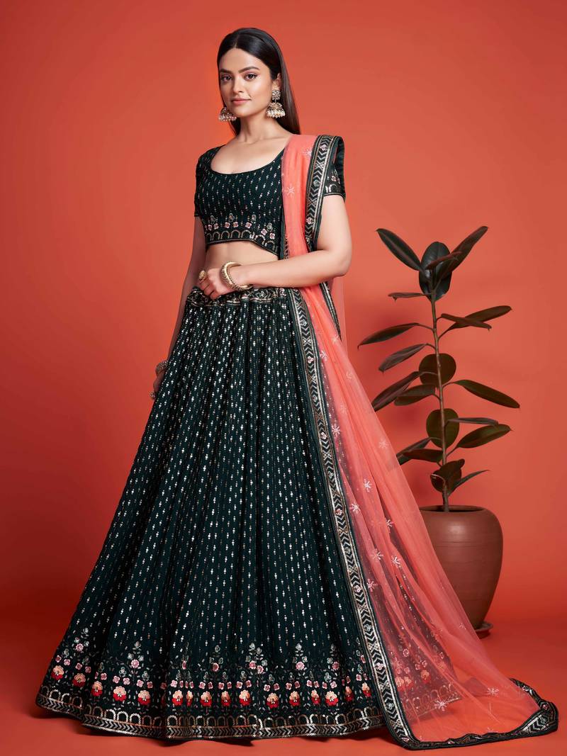 Fascinating Green Embroidery Georgette Wedding Wear Lehenga Choli