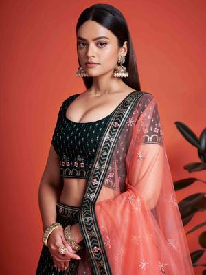 fascinating green embroidery georgette lehenga set choli with dupatta 3