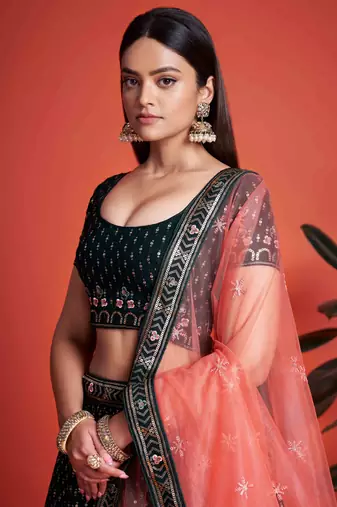 fascinating green embroidery georgette lehenga set choli with dupatta