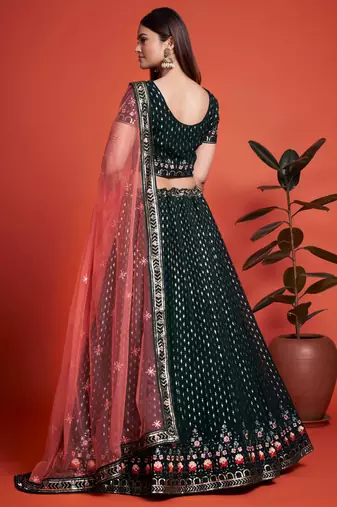 fascinating green embroidery georgette lehenga set choli with dupatta