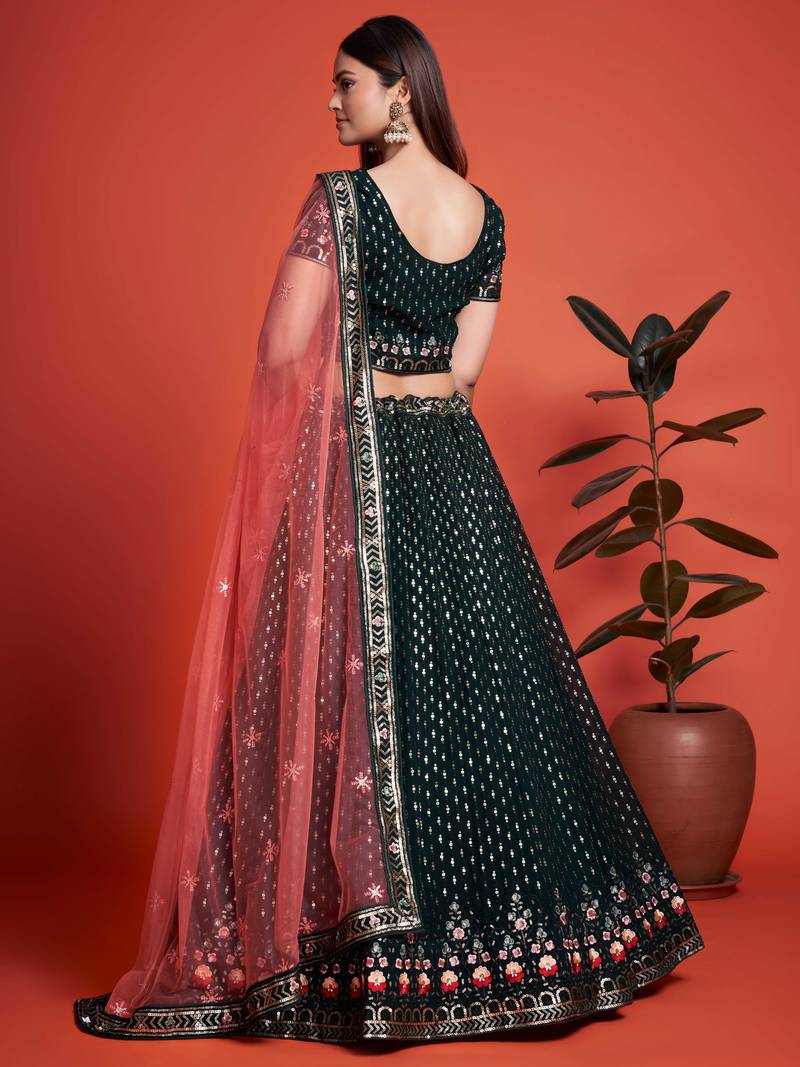 Fascinating Green Embroidery Georgette Wedding Wear Lehenga Choli