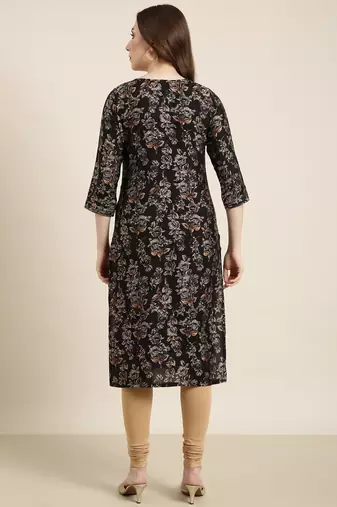 women's calf length round neck black floral straight kurta