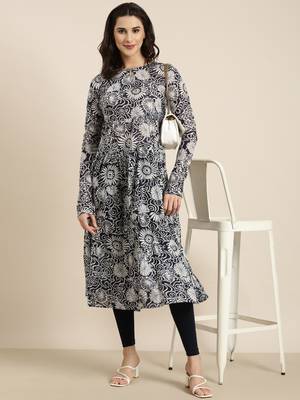 women's calf length round neck navy blue floral anarkali kurta 1