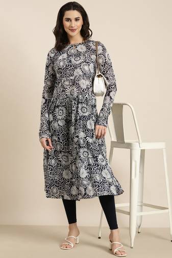 women's calf length round neck navy blue floral anarkali kurta