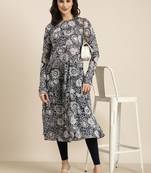 women's calf length round neck navy blue floral anarkali kurta