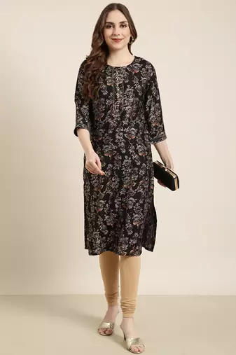 women's calf length round neck black floral straight kurta